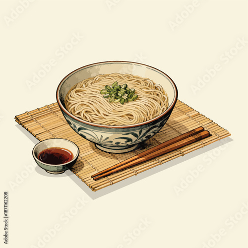 Traditional Japanese Somen Noodles with Dipping Sauce Illustration