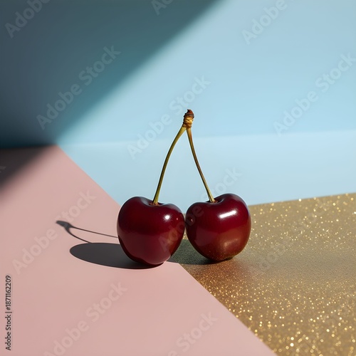 Two ripe cherries sit on a pink and gold surface against a blue background with a dramatic shadow cast.