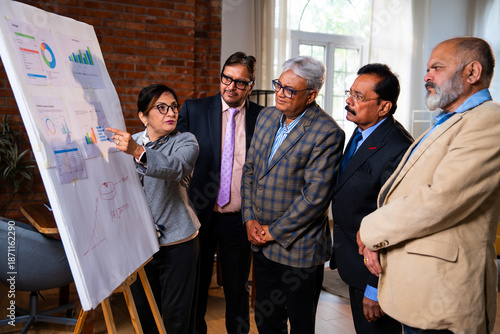 Senior Indian executives analyzing growth presentation on board in modern office