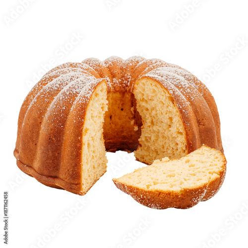 Cake Baked in a Bundt Shape With a Slice Cut out on a White Background