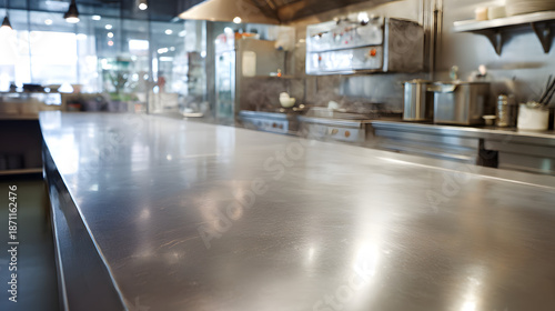 Clean Metallic kitchen counter: A stainless steel counter stands out in a professional kitchen, showcasing its polished surface.