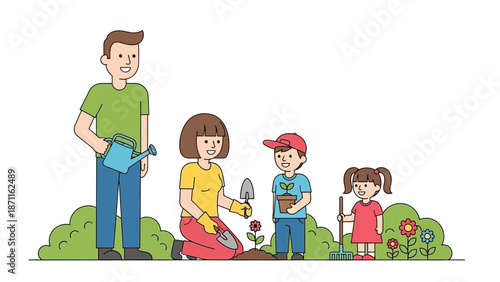 Family members gardening together in a lush green garden with various flowers and plants.