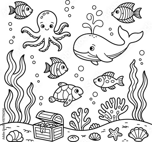 Underwater scene with octopus whale fish turtle treasure and shells