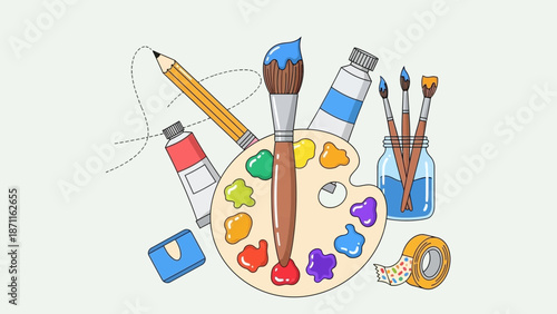 Artist's palette with paints and brushes on a table, surrounded by art supplies, viewed from above.