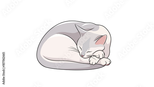 A serene white cat curled up and sleeping peacefully on a soft surface, illustration, side view.
