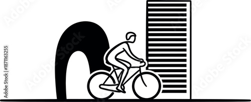 Cyclist riding along a striped wall