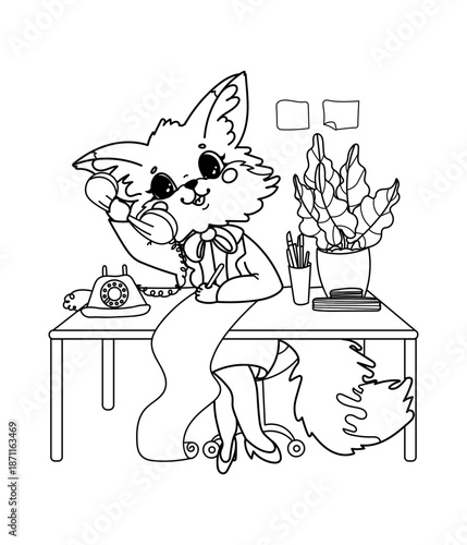 Vector illustration children's coloring book about professions. Linear fox secretary