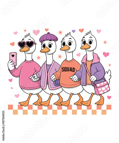 Cute Duck Squad Valentine Illustration with Hearts