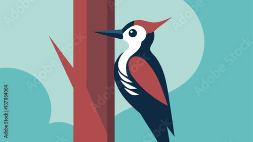 Woodpecker bird perched on a tree trunk with blue sky background flat vector style