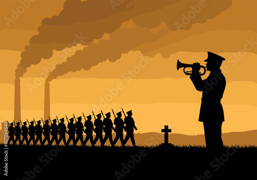 Military silhouette of soldier playing bugle at a cemetery