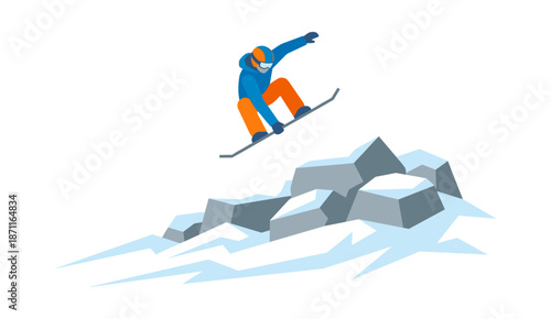 Snowboarder performing jump in snowy mountains