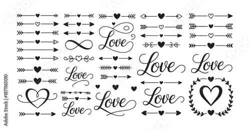 Horizontal cupid arrow icons with heart centers and varied fletching for creative valentine day motifs