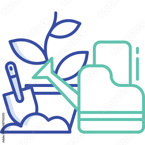 Gardening icons: seedling, shovel, soil, and watering can