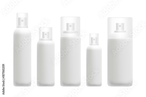 Cosmetic 3D dry shampoo mockup set, hair spray bottle isolated, transparent background. Clean aerosol or mist product packaging, white plastic, light gray pump, translucent lid cap. Beauty skin care