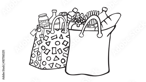 Groceries in shopping bags line art illustration on transparent background silhouette
