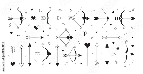 Collection of black arrows with decorative fletching and heart shapes isolated on white background