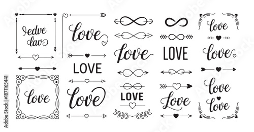 Love and romance elements collection, calligraphy, arrows, hearts, infinity shapes and borders