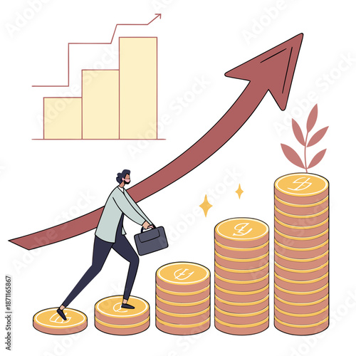 Businessman stepping on coins with growing graph and arrow