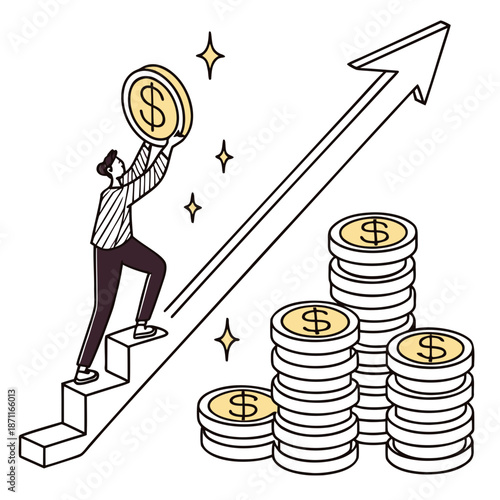 Person placing dollar coin on stack with ascending arrow and steps