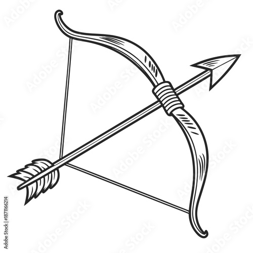 Sleek metal bow tightly drawn with arrow drawn bow