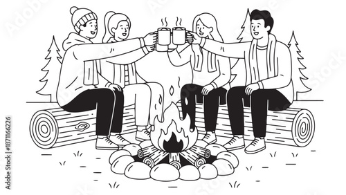 Simple Black Line Illustration Of Friends Toasting With Mugs Of Hot Chocolate Around A Campfire