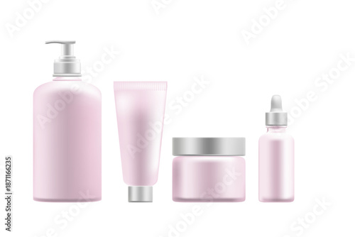 Cosmetic 3D pink dispenser pump bottle, cream jar, serum mockup set, isolated, transparent background. Skin care light gray metalic texture. Beauty product packaging.