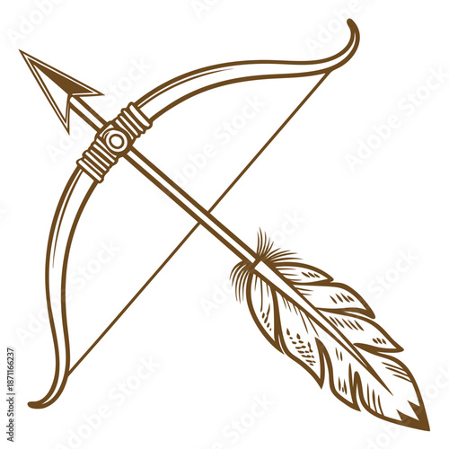 Brown hunting bow with golden arrow and feather fin