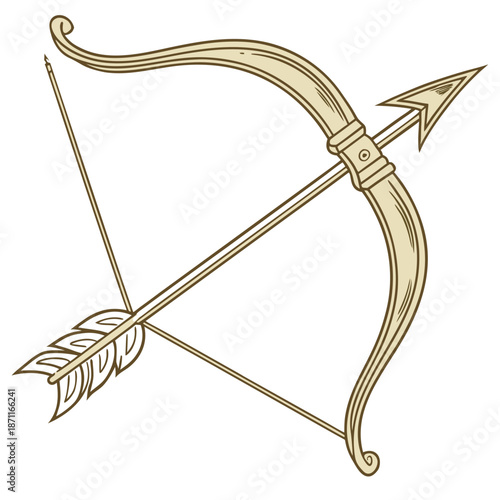 Gold bow and arrow with fletched arrow nock reflective