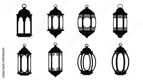 A collection of ornate black lanterns displayed in a grid arrangement silhouette