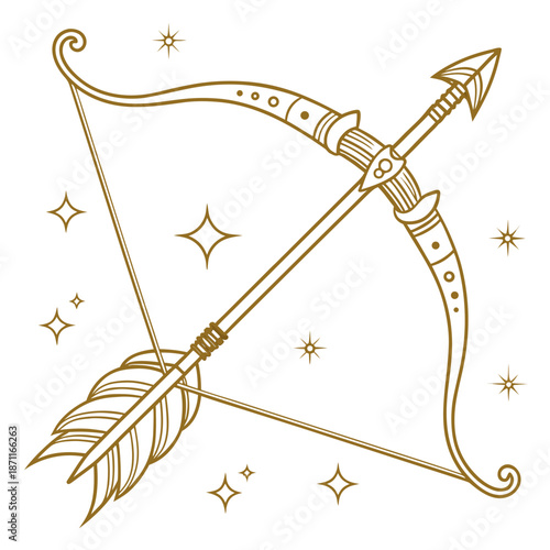 Gold stylized sagittarius bow and arrow with stars