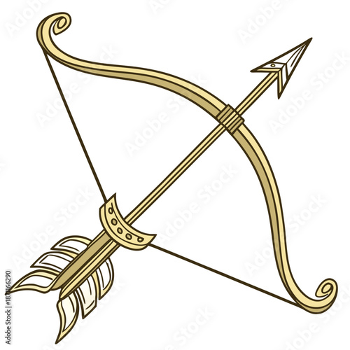Golden bow and arrow with feathers shiny reflective