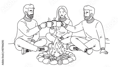 Minimal Black Line Illustration Of Three Friends Sitting Cross-Legged Around A Campfire Toasting With Steaming Mugs