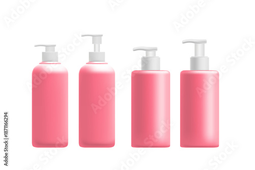 Cosmetic 3D pink plastic dispenser bottle with pump mockup set, isolated, transparent background. Skin care lotion bottle, clean texture. Beauty moisturizer, cleansing oil, face wash product packaging