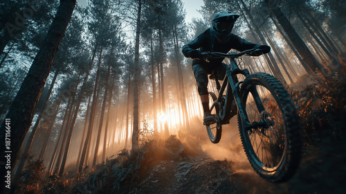 Mountain biker jumping on forest trail at sunrise, dynamic action, dust, speed, adrenaline, sport, adventure, outdoors
