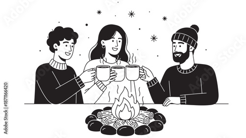 Black And White Line Art Illustration Of Three Friends Toasting With Steaming Mugs Around A Campfire On A Starry Night