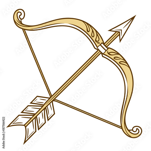 Glossy golden archery with bow and arrow golden bow