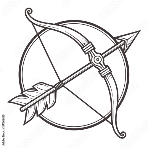 Metallic archer bow looped arrow piercing through circle
