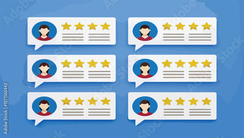 A clean, flat design illustration featuring a grid of six speech bubbles arranged in two rows of three, set against a vibrant, solid royal blue background