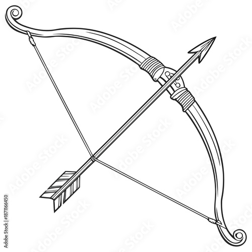 Metallic archer bow looped arrow piercing through