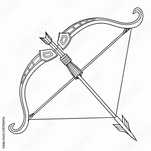 Metallic hunting bow with arrow fins 3d