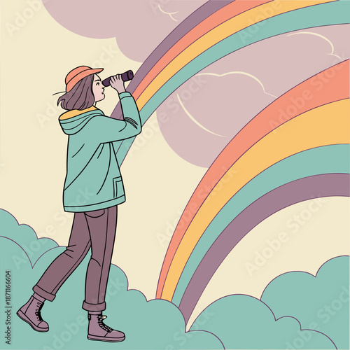 Woman looking through binoculars at rainbow clouds