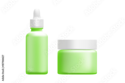 Cosmetic 3D clear green glass cream jar, serum mockup set, isolated, transparent background. Skin care clean white cap, translucent plastic texture. Beauty product packaging.