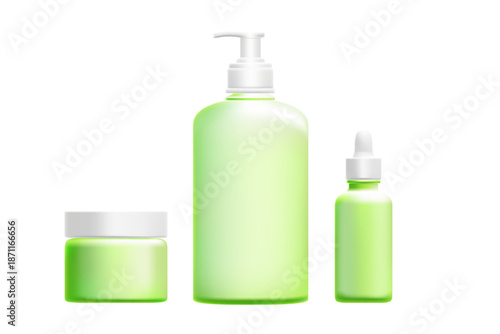 Cosmetic 3D clear green glass dispenser pump bottle, cream jar, serum mockup set, isolated, transparent background. Skin care clean white cap, translucent plastic texture. Beauty product packaging.
