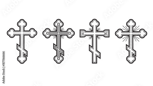 Four ornate eastern orthodox crosses in black and white on transparent background silhouette