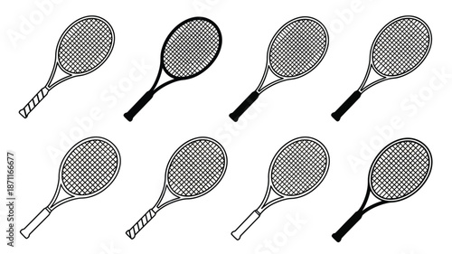 Collection of tennis rackets in various designs a black silhouette