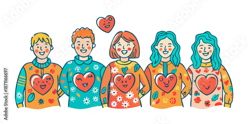 Compassionate volunteers with heart motifs on their clothing in a whimsical doodle style. Friendly, smiling faces and diverse backgrounds. Warm, bright colors like coral, sunny yellow, and teal.