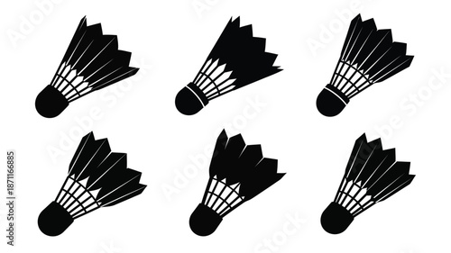 A collection of badminton shuttlecocks in a black and white silhouette