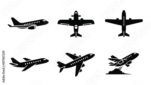 Various airplane designs shown as black silhouettes against a white background silhouette
