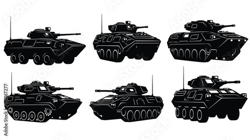 A collection of military tanks displayed in stark black silhouette