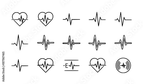 Minimal heartbeat and health pulse line icon vector set